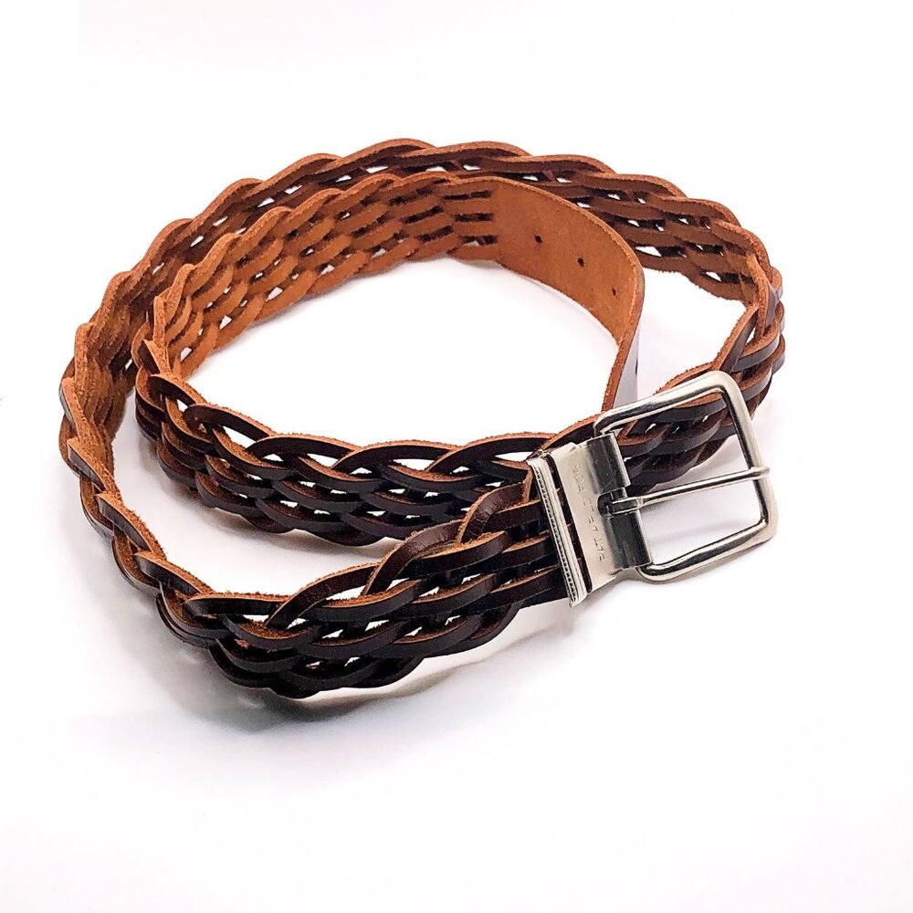 Vintage-Style Woven Brown Belt with Silver Tone Buckle, 35–38"